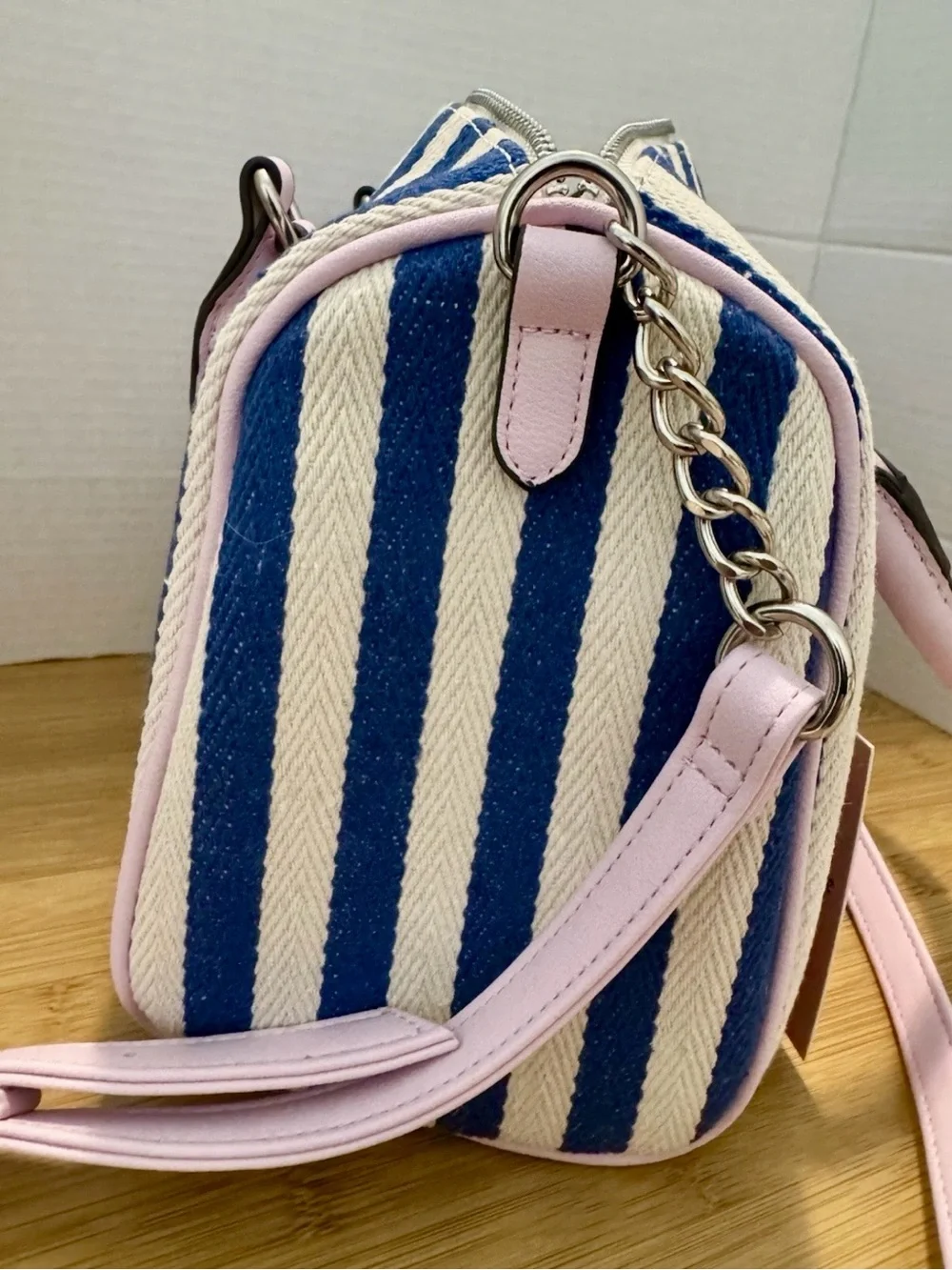 Juicy Couture Blue & Pink Striped Satchel with Heart Charm